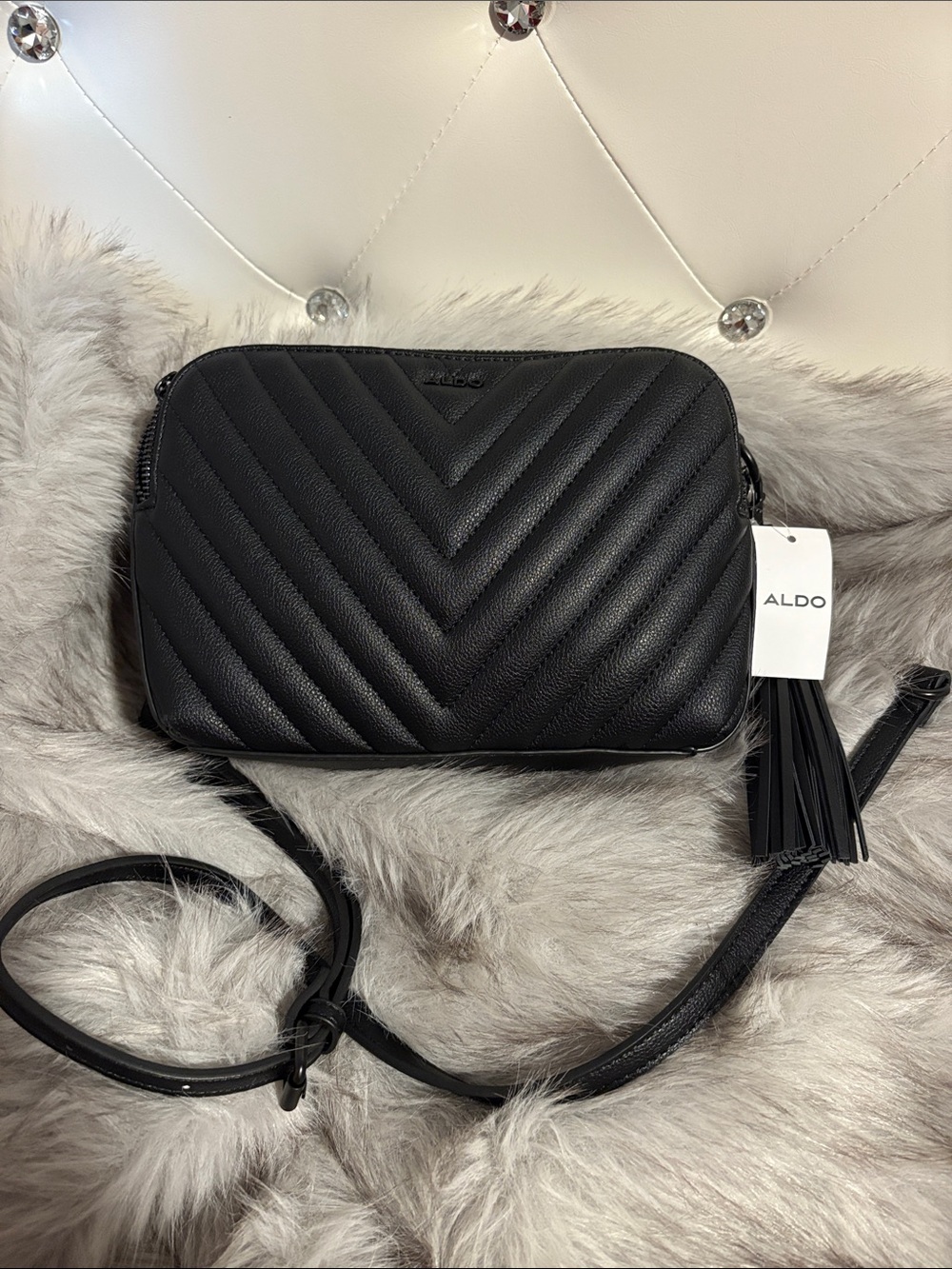 ALDO Black Quilted Chevron Crossbody with Tassel